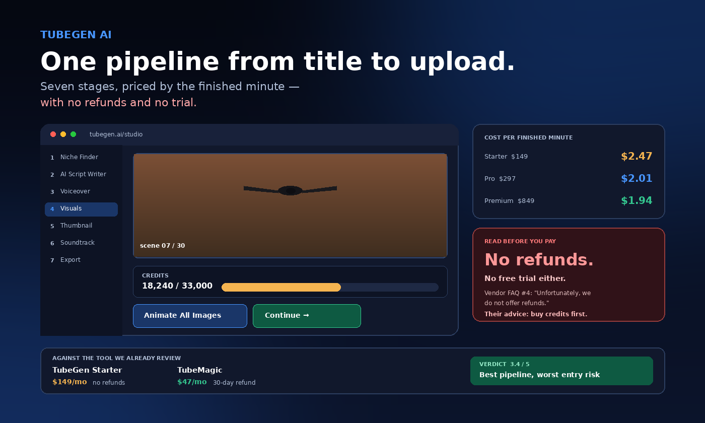 TubeGen AI interface mockup showing the seven-stage pipeline with a credit meter reading 18,240 of 33,000 credits, alongside cost per finished minute of $2.47 Starter, $2.01 Pro and $1.94 Premium, plus the vendor's no-refunds policy