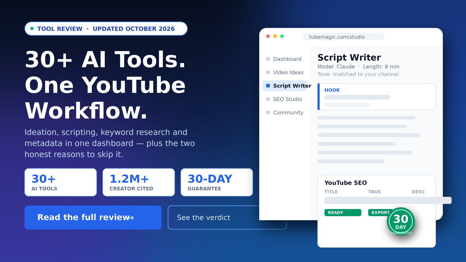 TubeMagic review hero: 30+ AI tools for YouTube in one workflow, 30-day money-back guarantee